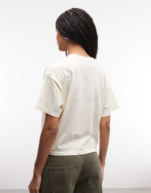 Obey - T-shirt a maniche corte beige con stampa di rosa di carta, 4 di 4