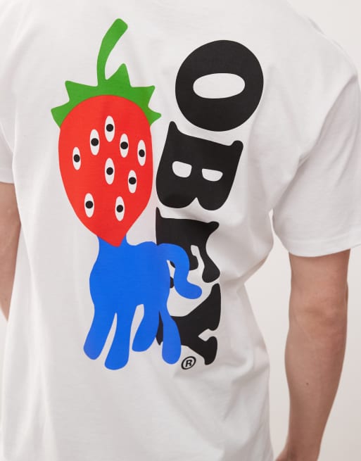 Obey - T-shirt bianca con grafica con logo e fragola sul retro, 3 di 4
