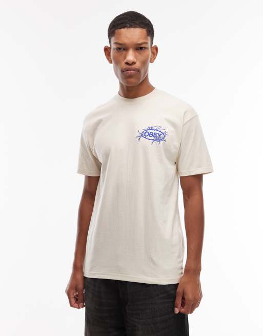 Obey - T-shirt bianco sporco con logo scarabocchiato, 3 di 5