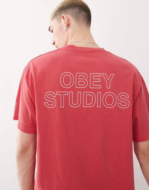 Obey - T-shirt color lampone pigmentato con logo e stampa "Studios" sul retro - view 1