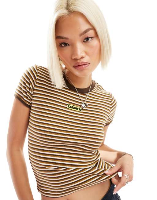 Obey - T-shirt con logo a righe marrone e multicolore