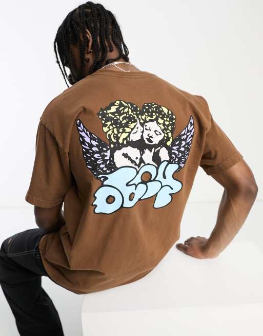 Obey – T-Shirt in Braun mit Engel-Print auf dem Rücken