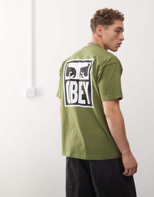 Obey – T-Shirt in Grün mit Augengrafik am Rücken