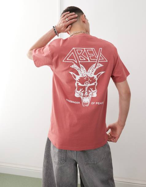 Obey – T-Shirt in Mineralrot mit „Harbinger of Peace“-Logoprint und Rückenprint - view 1