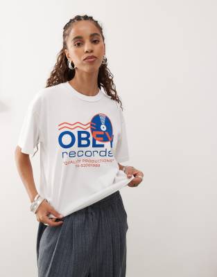 Obey - T-Shirt in Weiß mit „Records"-Logoprint