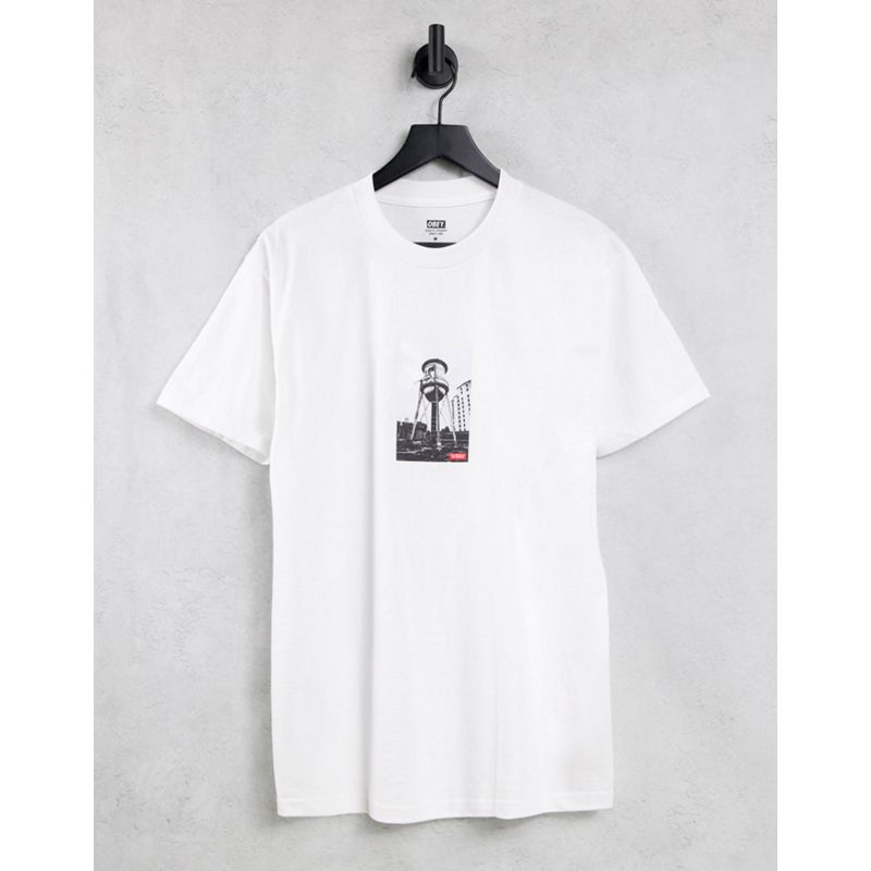 Obey – T-Shirt in Weiß mit Wasserturm-Fotoprint 