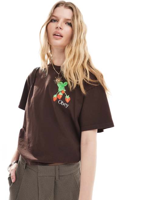 Obey - T-shirt met aardbeienprint in bruin