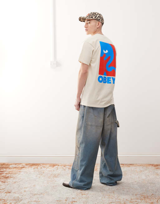 Obey - T-shirt met grafische icoon logoprint op de achterkant in crème, 3 van 4