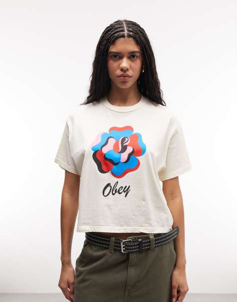 Obey - T-shirt met korte mouwen en grafische roosprint in beige - view 1
