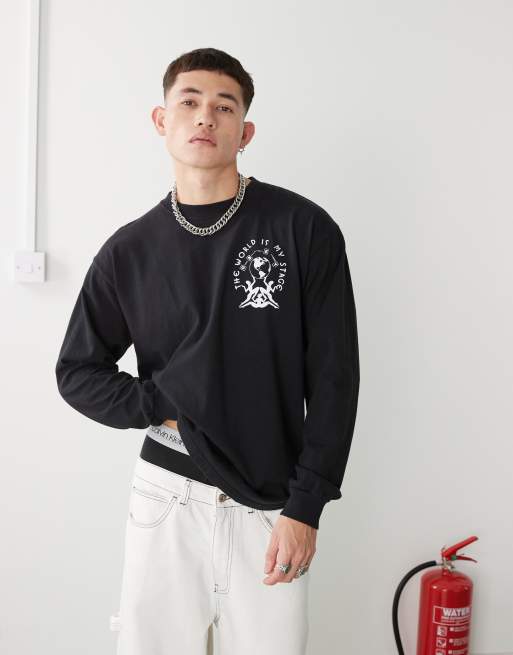 Obey - T-shirt met lange mouwen en 'The world is my stage' print in zwart 