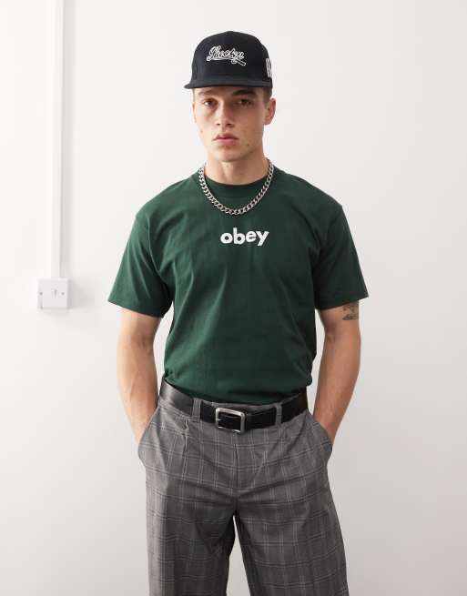 Obey - T-shirt met logo in kleine letters in donkergroen