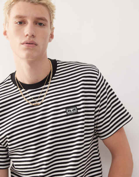 Obey - T-shirt nera a righe con stampa di occhi - view 1