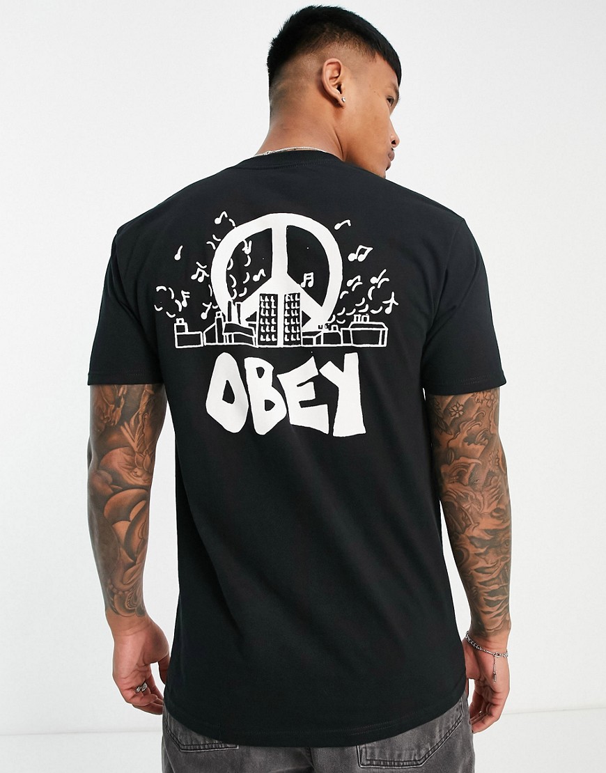 Obey - T-shirt nera con stampa di edifici sul retro-Nero