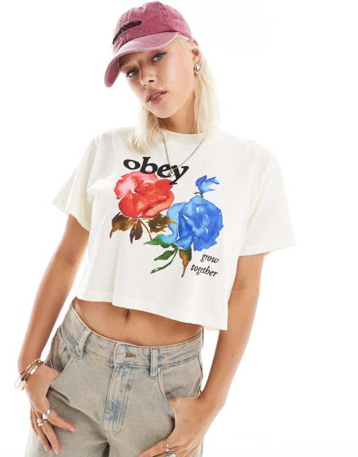 Obey - T-shirt squadrata bianco sporco con stampa di rosa