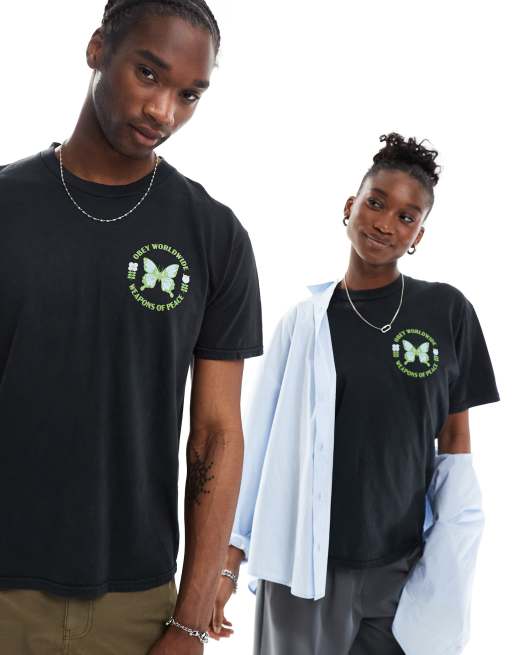 Obey T shirt unisex nera tinta in capo con stampa di farfalla ASOS