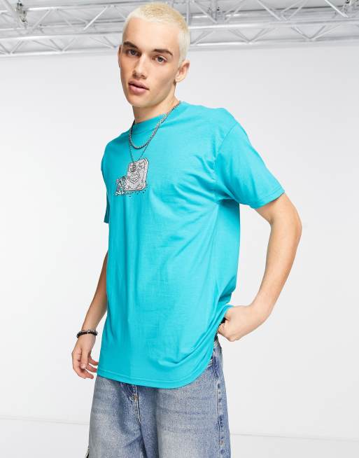 Obey - T-shirt verde-azzurro con stampa di cavernicolo