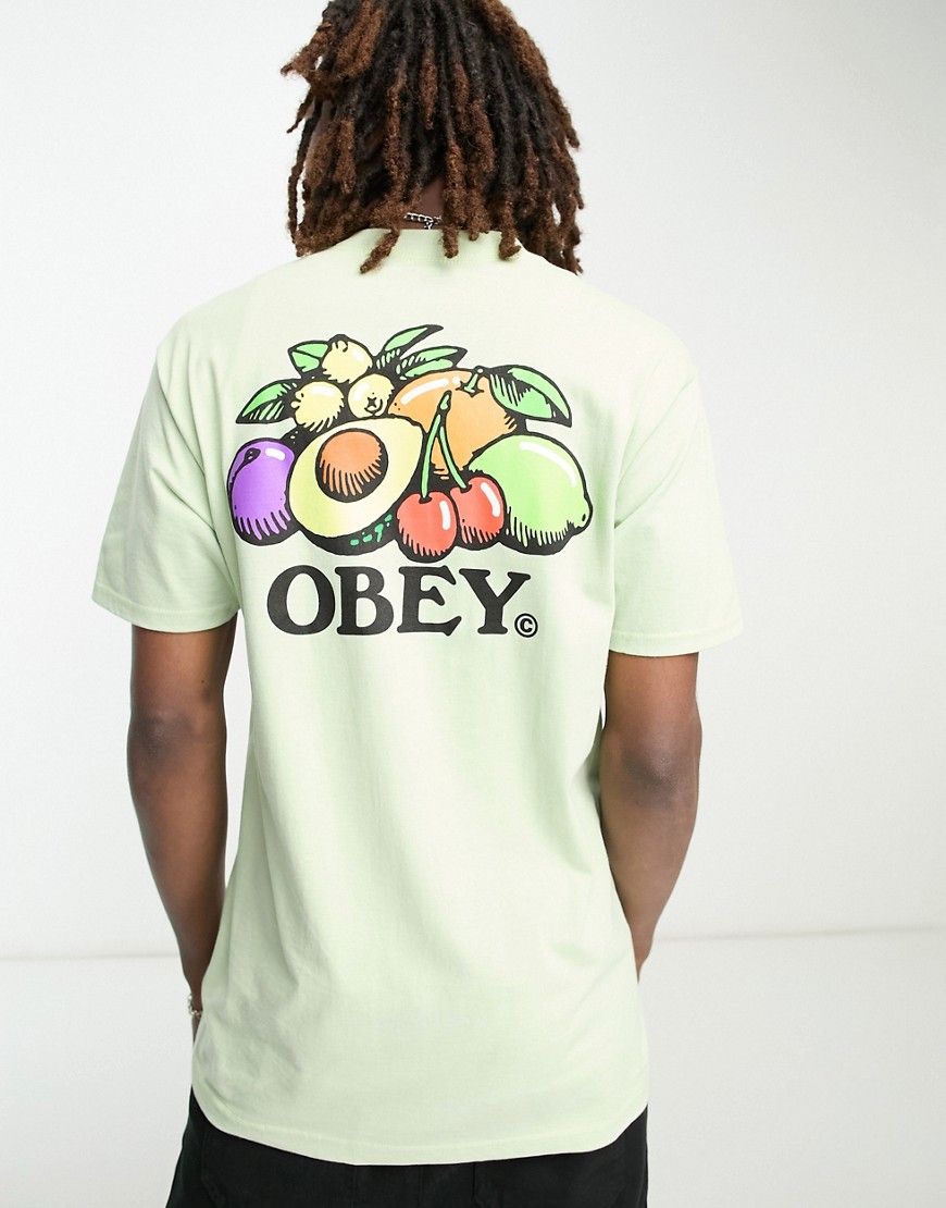 obey - t-shirt verde con stampa di frutta sul retro