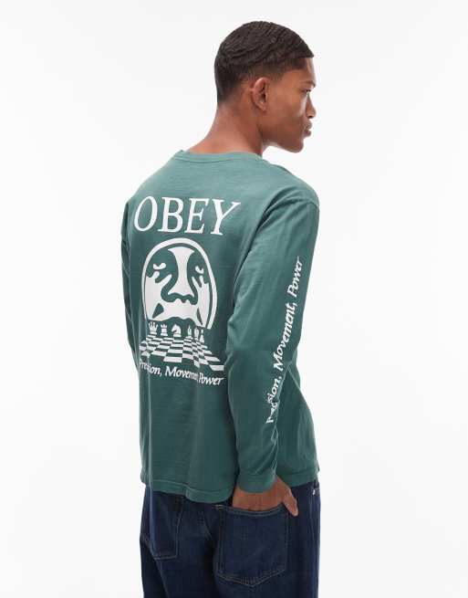 Obey - T-shirt verde scuro a maniche lunghe con stampa Precision