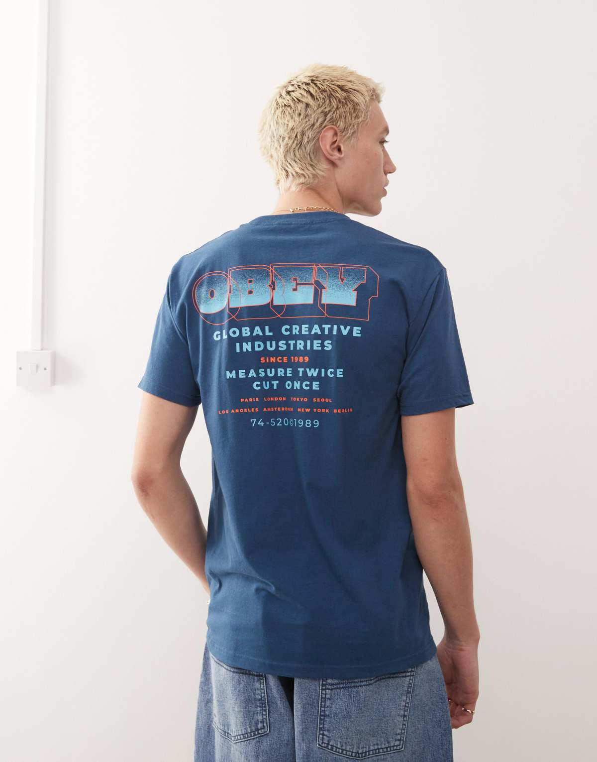 Obey t-shirt with measure twice back print in harbor blue