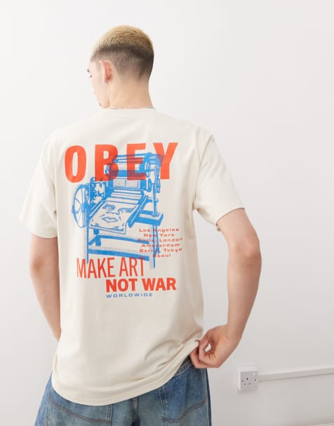 Obey t-shirt with printing press make art back print in cream - view 1