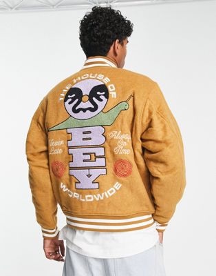 Obey time varsity bomber jacket in light tan with chest and back embroidery - ASOS Price Checker