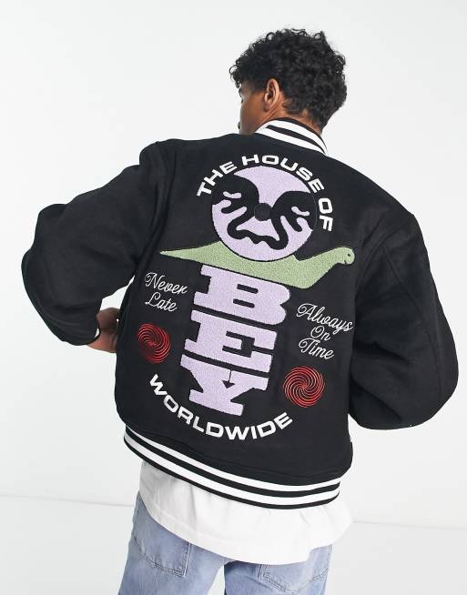 Obey Time Varsity bomberjack in zwart met borduursel op de borst en