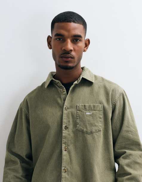 Obey tommy woven corduroy long sleeve shirt in olive green