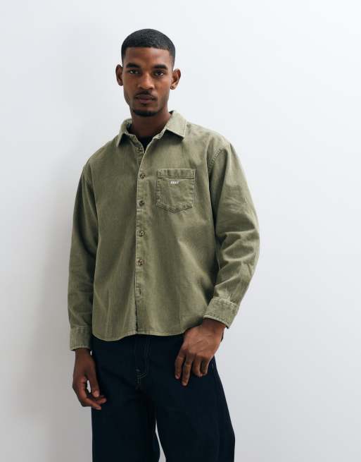 Obey tommy woven corduroy long sleeve shirt in olive green, 3 of 5