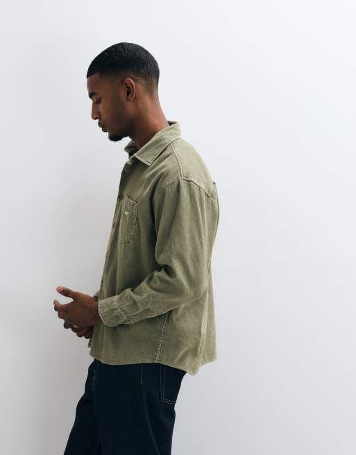 Obey tommy woven corduroy long sleeve shirt in olive green, 4 of 5