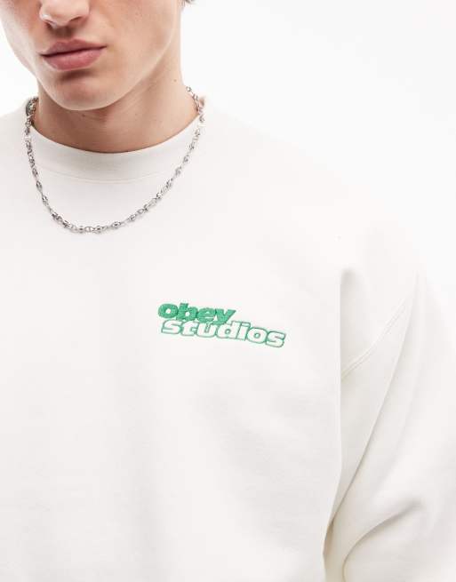 Obey tonic logo crew neck sweatshirt with back print in off white, 5 of 5