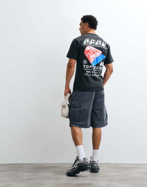 Obey Top Secret back graphic short sleeve t-shirt in vintage black, 1 of 5