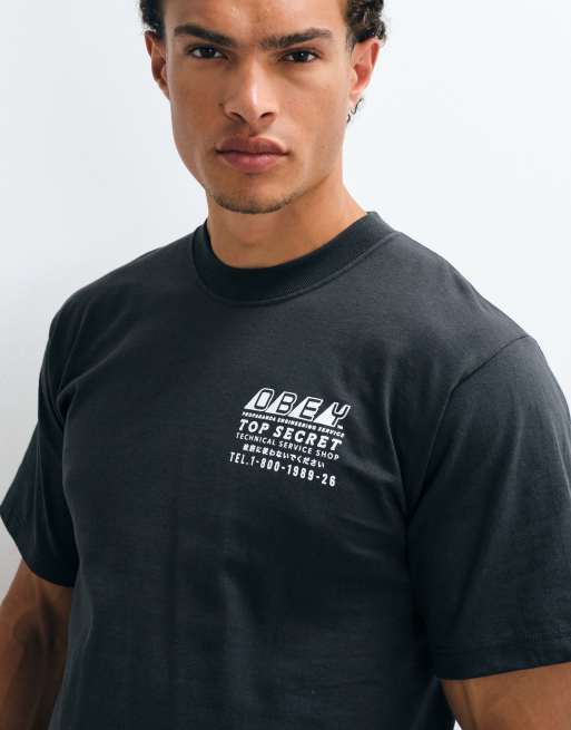 Obey Top Secret back graphic short sleeve t-shirt in vintage black, 2 of 5