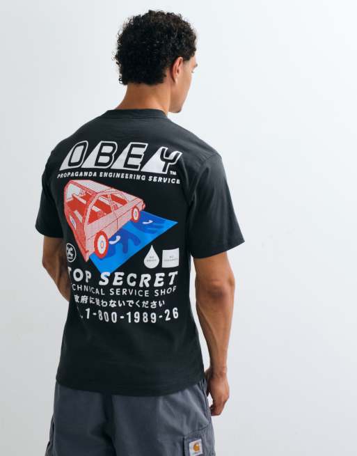 Obey Top Secret back graphic short sleeve t-shirt in vintage black, 3 of 5