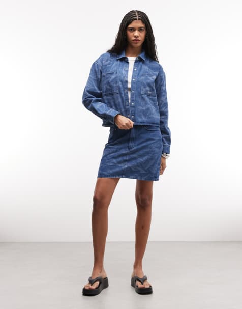 Obey - Trinity - Gekreukte denim rok in mid-wash blauw, deel van co-ord set - view 1