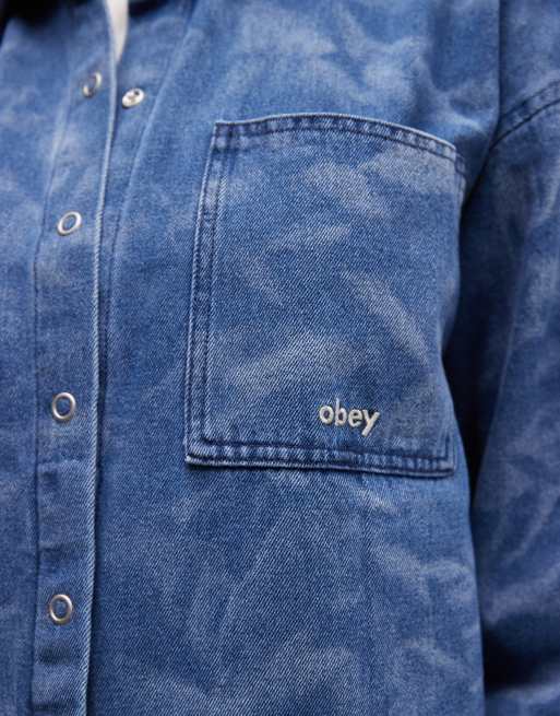 Obey trinity wrinkle denim shirt co-ord in mid wash blue, 4 of 4