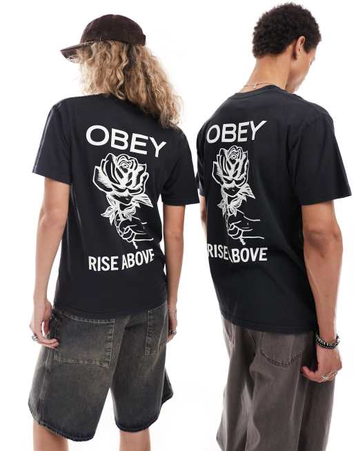 Obey - Uniseks T-shirt met rozenprint in pigment-dye zwart