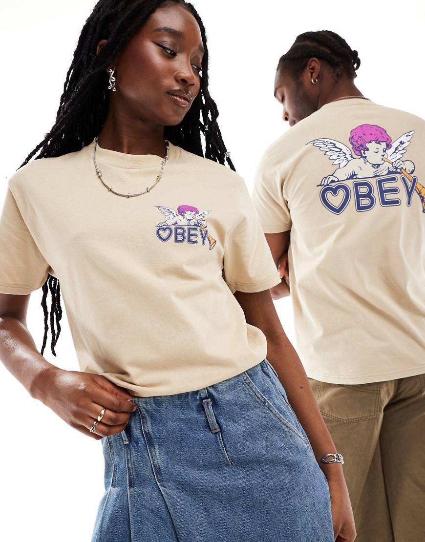 Obey unisex cherub print short sleeve t-shirt in beige-Neutral
