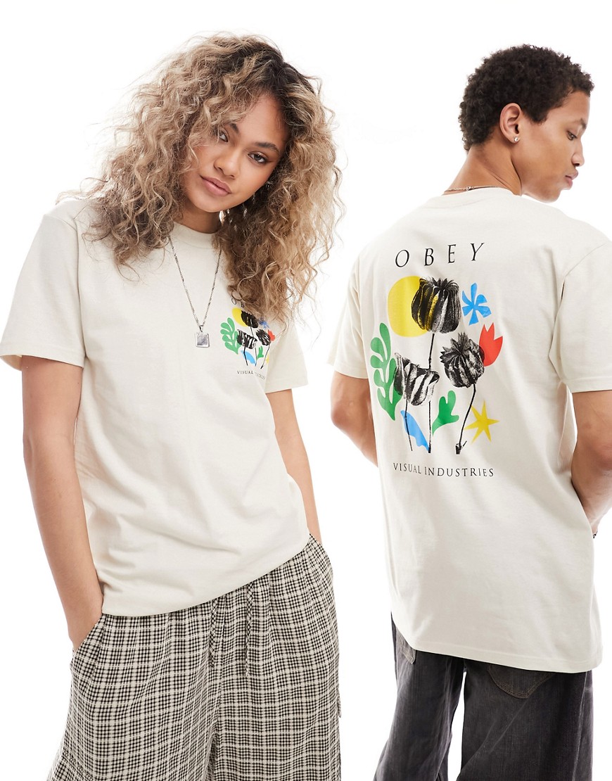 Obey unisex flower graphic short sleeve t-shirt in beige-Neutral