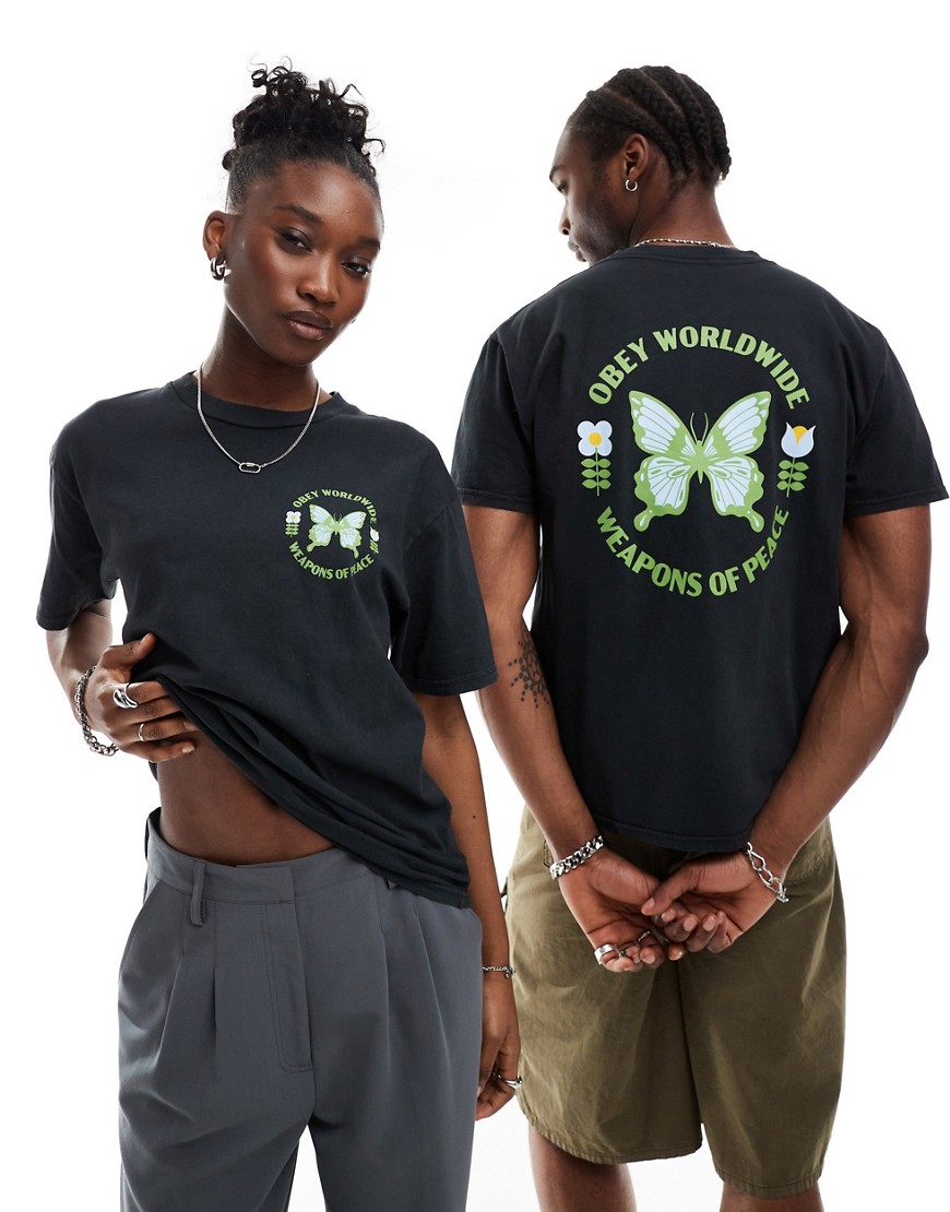 Obey unisex garment dyed t-shirt with butterfly graphic in black
