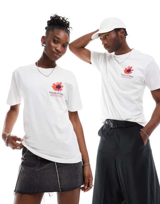Obey - Unisex - Hvid T-shirt med grafisk 'House of Obey'-print på ryggen