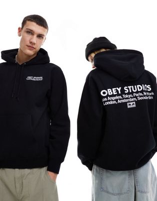 Obey unisex studios back print hoodie in black