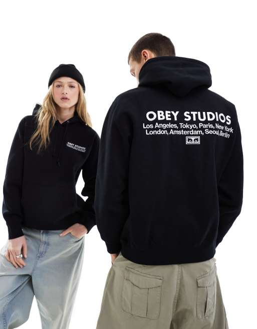 Obey unisex studios back print hoodie in black ASOS