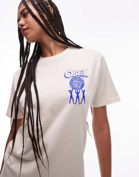 Obey Uplift graphic logo t-shirt with back print in cream - view 1