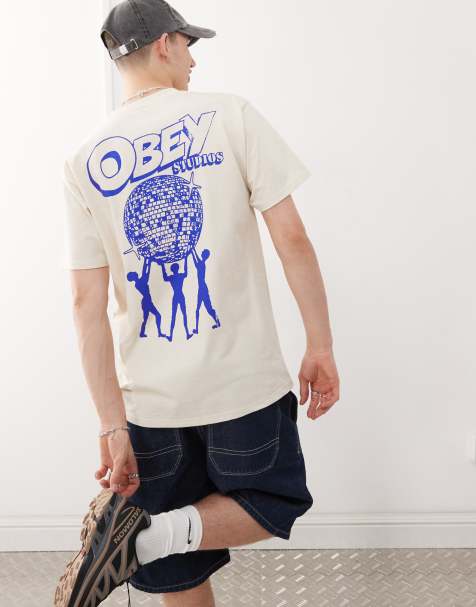 Obey – Uplift – Kremowy T-shirt z grafiką z logo na plecach - view 1