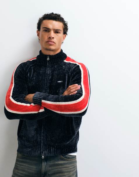 Obey varen zip through jumper with contrast stripe in navy multi - view 1