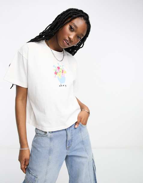 Obey vase bunch crop t-shirt in white