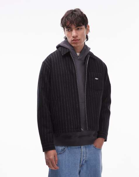 Obey vernon zip up coach jacket in navy pinstripe - view 1