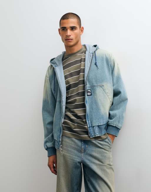 OBEY veste à capuche zippée en denim délavé bleu sale, 5 de 5