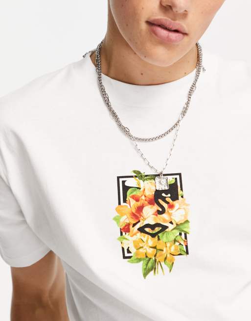 Obey – Vit blommig t-shirt med ikoniskt tryck baktill, 2 av 4