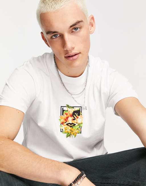 Obey – Vit blommig t-shirt med ikoniskt tryck baktill, 4 av 4
